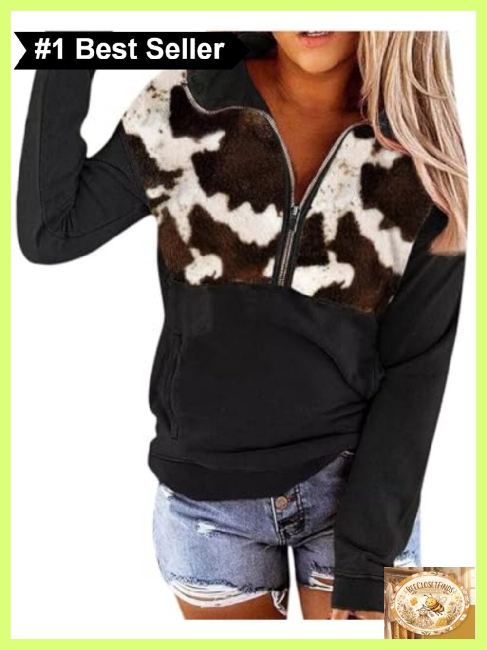 Womens Aztec Cow Print Half Zip Pullover Sweatshirt Western Hoodie